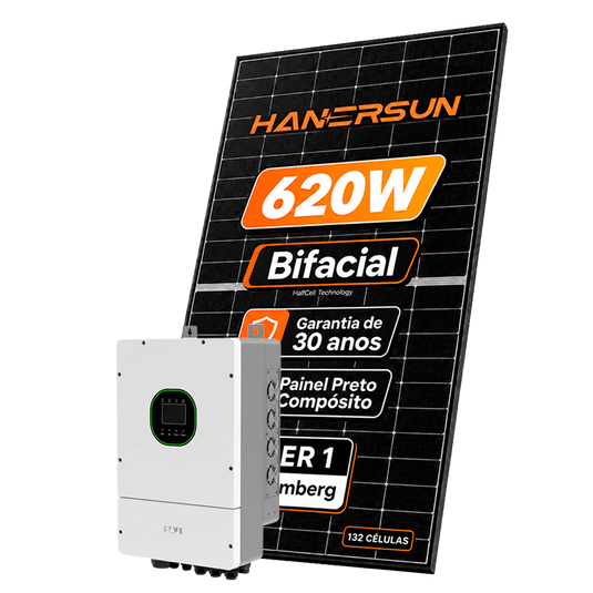Kit Energia Solar Híbrido 1400kWh Mês 10,54kWp 17 Painel Bifacial Hanersun 620W Inversor Saj 7,5kW 220V SAJ