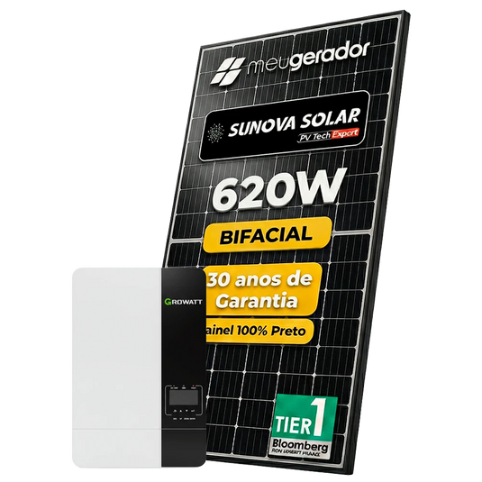 Kit Energia Solar Offgrid 6,20kWp até 830kWh Mês Aprox. 10 Painel Sunova 620W Inversor Growatt 5kW 220V GROWATT