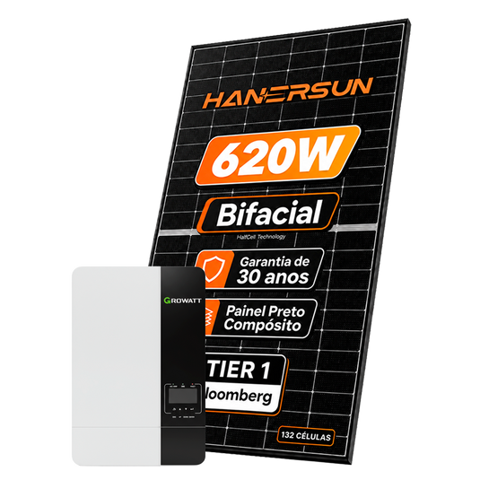 Kit Energia Solar Offgrid 3,72kWp até 500kWh Mês Aprox. 6 Painel Bifacial Hanersun 620W Inversor Growatt 5kW 220V GROWATT