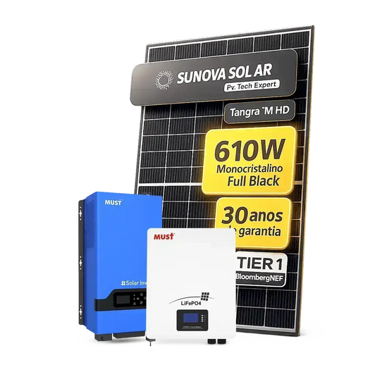 Kit Energia Solar Offgrid 4,88kWp 8 Painel Sunova 610W Inversor Must 5kW 110V Bateria Lítio 5,12kWh MUST