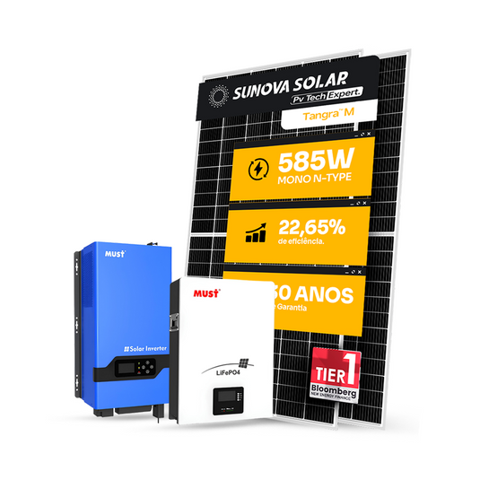 Kit Energia Solar Offgrid 4,68kWp 8 Painel Sunova 585W Inversor Must 3kW 110V Bateria Lítio 5,12kWh