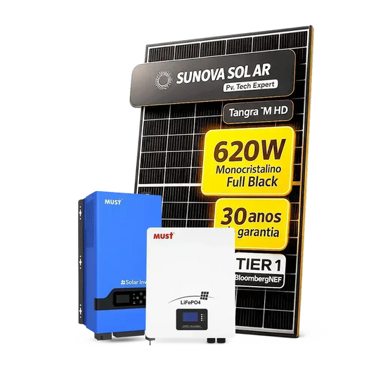 Kit Energia Solar Offgrid 2,48kWp 4 Painel Sunova 620W Inversor Must 5kW 110V Bateria Lítio 5,12kWh MUST