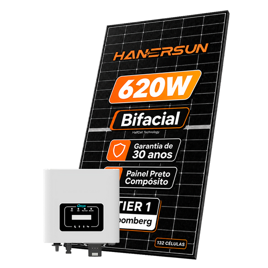 Kit Energia Solar Ongrid 700kWh Mês 5,58kWp 9 Painel Bifacial Hanersun 620W Inversor Deye 6kW 220V 2MPPT DEYE