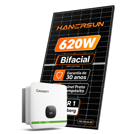 Kit Energia Solar Ongrid 1550kWh Mês 11,78kWp 19 Painel Bifacial Hanersun 620W Inversor Growatt X2 8kW 220V 3MPPT GROWATT
