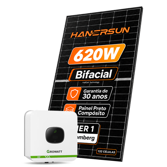 Kit Energia Solar Ongrid 600kWh Mês 4,96kWp 8 Painel Bifacial Hanersun 620W Inversor Growatt 5kW X2 220V 2MPPT GROWATT