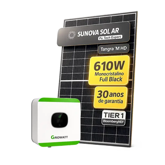 Kit Energia Solar Ongrid 550kWh Mês 4,27kWp 7 Painel Sunova 610W Inversor Growatt 3kW 220V 1MPPT GROWATT