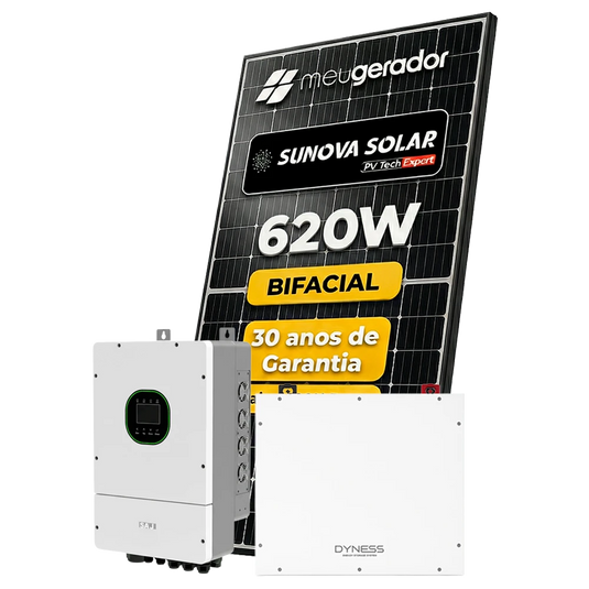 Kit Energia Solar Híbrido 500kWh Mês 3,72kWp 6 Painel Sunova 620W Inversor Saj 5kW 220V Bateria Dyness 5,12kWh