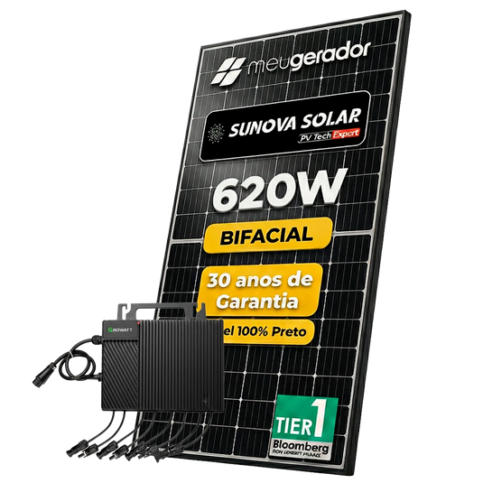 Kit Energia Solar Ongrid 1200kwh Mês 9,30kWp 15 Painel Sunova 620W Micro Growatt 9kW 220V 12MPPT GROWATT