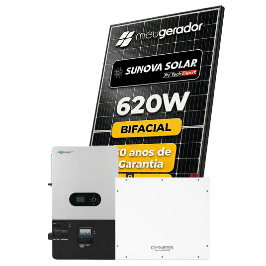 Kit Energia Solar Híbrido 2300kWh Mês 17,36KWP 28 Painel Bifacial Sunova 620W Inversor Luxpower 10KW 110/220V ( SplitPhase ) Bateria Dyness 5,12kWh LUXPOWER