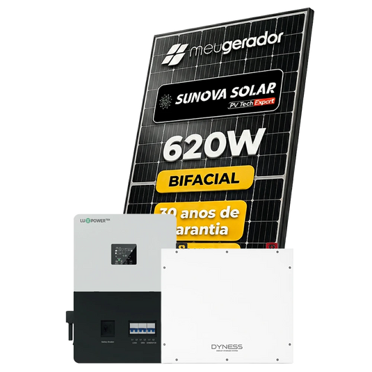 Kit Energia Solar Híbrido 900kWh Mês 6,82KWP 11 Painel Sunova 620W Inversor Luxpower 5KW 110/220V ( SplitPhase ) Bateria Dyness 5,12kWh LUXPOWER