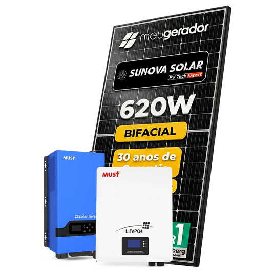 Kit Energia Solar Offgrid 4,96kWp até 660kWh Mês Aprox. 8 Painel Sunova 620W Inversor Must 5kW 110V Bateria Lítio 5,12kWh MUST