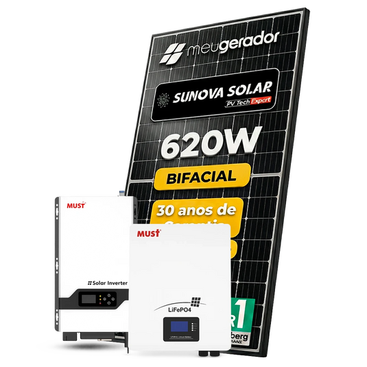 Kit Energia Solar Offgrid 4,96kWp até 660kWh Mês Aprox. 8 Painel Sunova 620W Inversor Must 5kW 220V Bateria Lítio 5,12kWh MUST