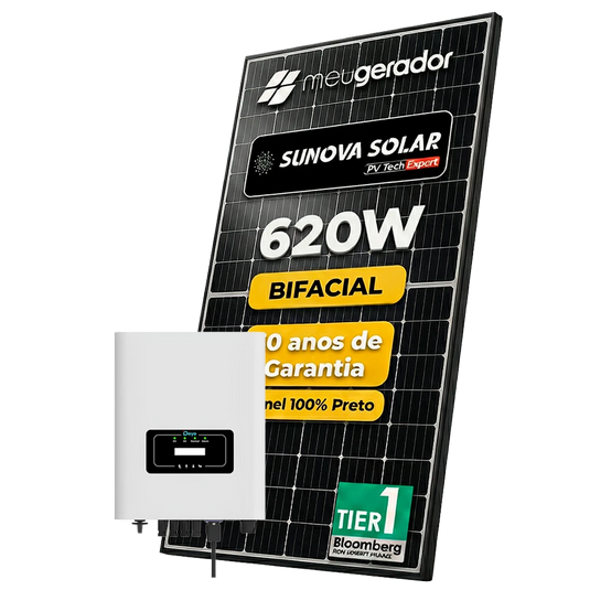 Kit Energia Solar Ongrid 1600kWh Mês 12,40kWp 20 Painel Sunova 620W Inversor Deye 10kW 220V 2MPPT DEYE