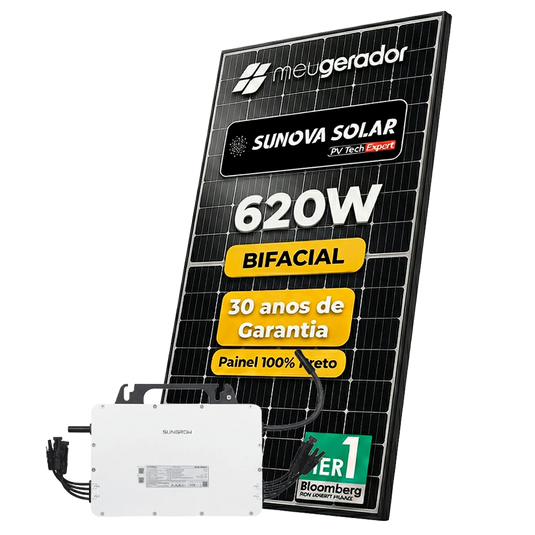 Kit Energia Solar Ongrid 250kWh Mês 1,86kWp 3 Painel Bifacial Sunova 620W MicroInversor Sungrow 2,5kW 220V 4Mppt DEYE