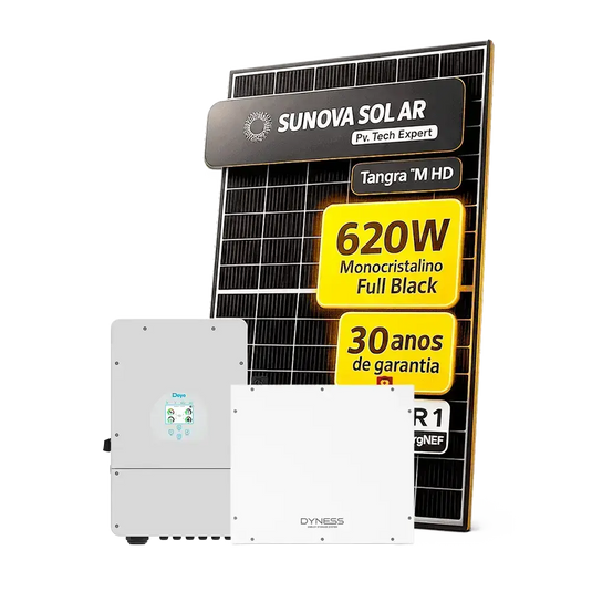 Kit Energia Solar Híbrido 500kWh Mês 3,72kWp 6 Painel Sunova 620W Inversor Deye 5kW 110/220V Bateria Dyness 5,12kWh DEYE