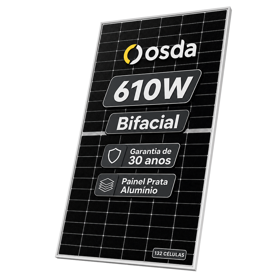 Painel Solar 610w Osda Bifacial Monocristalino Halfcell Ntype Prata