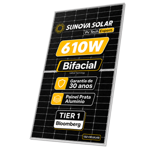 Painel Solar 610W Sunova Bifacial Monocristalino HalfCell Ntype
