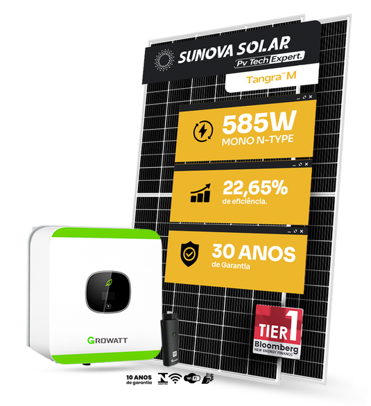 KIT ENERGIA SOLAR ONGRID 1250KWH MÊS 9,36KWP 16 PAINEL SUNOVA 585W INVERSOR GROWATT 8KW 220V 2MPPT