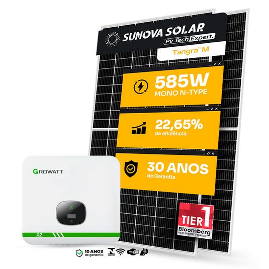 KIT ENERGIA SOLAR ONGRID 1300KWH MÊS 9,94KWP 17 PAINEL SUNOVA 585W GROWATT X2 8KW 220V 3MPPT